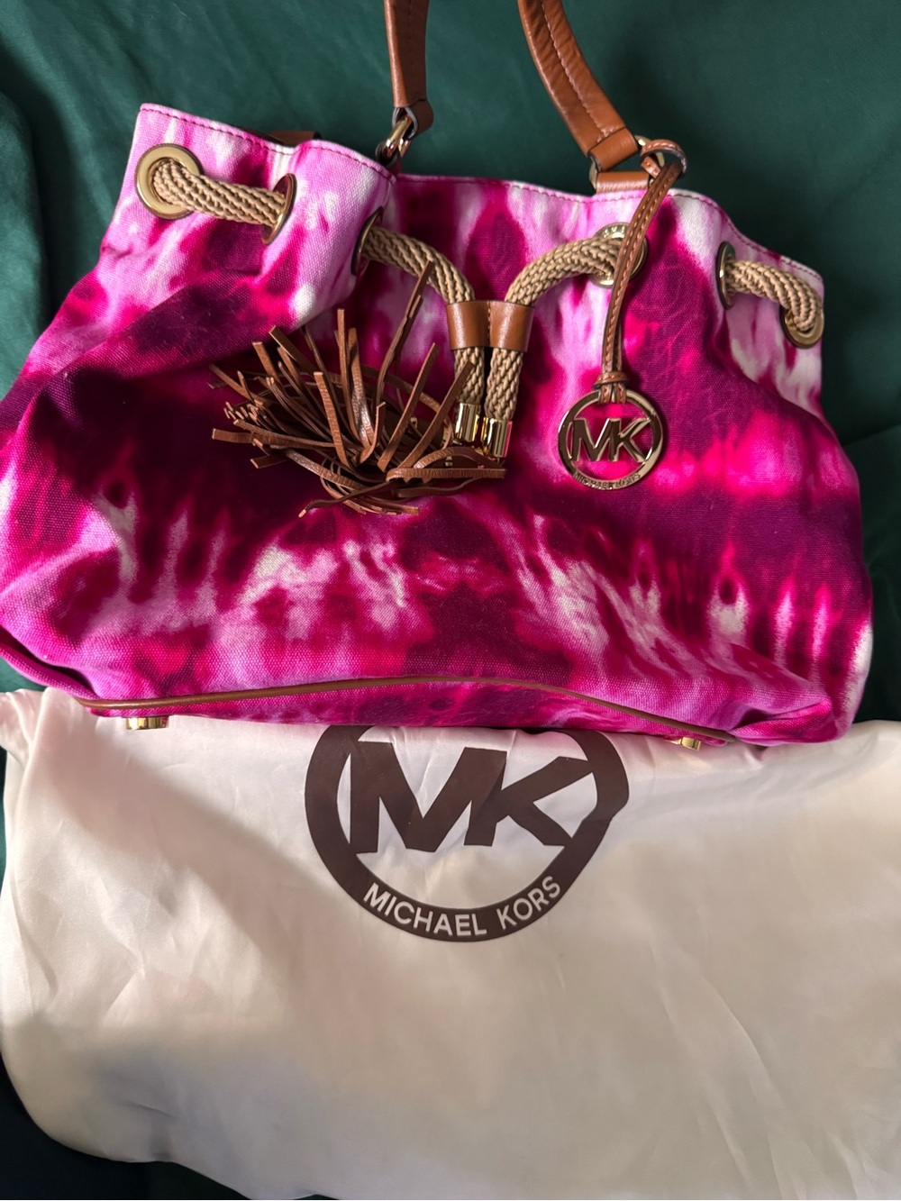Michael Kors Hot Pink Tie-Dye Canvas Tote with Brown Leather Accents - Picture 2 of 4